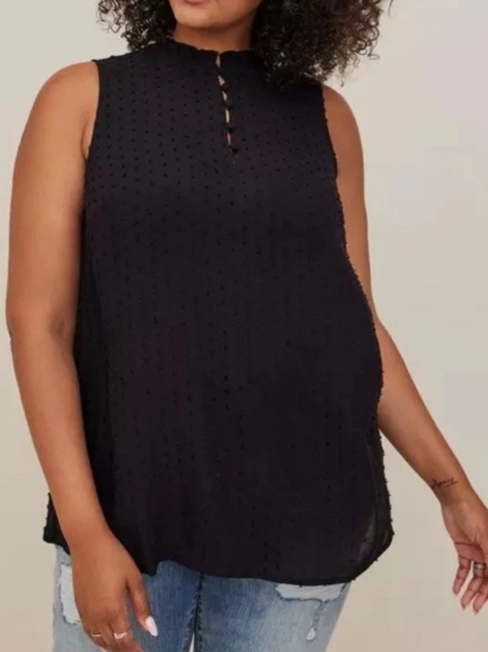 Torrid Black Sleeveless  Mock Neck Swiss Dot Blouse Tunic Dressy Casual EUC